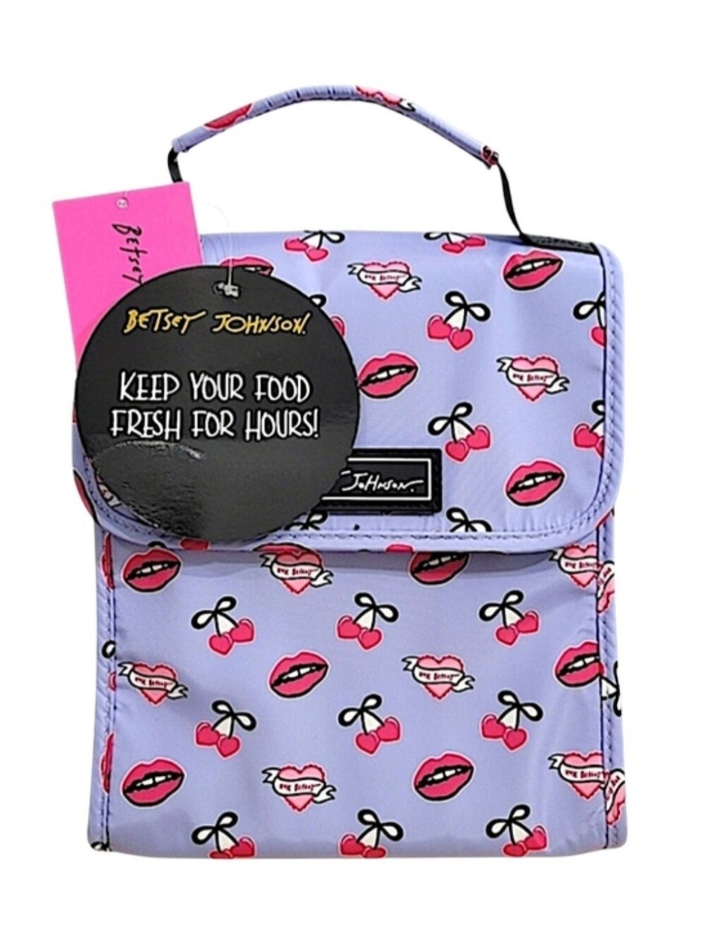 Betsey Johnson Lavender Lunch Bag with Pink Cherry & Lip Print